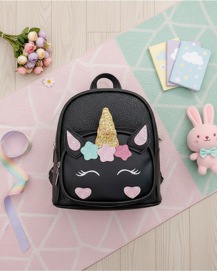 black unicorn kindergarten backpack - flat-lay