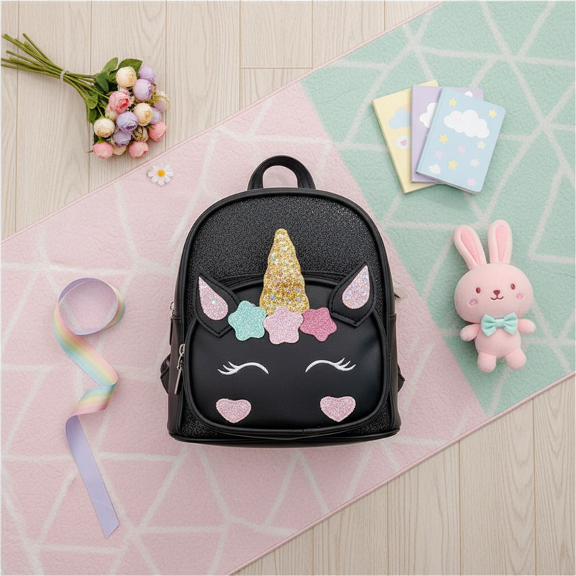 black unicorn kindergarten backpack - flat-lay