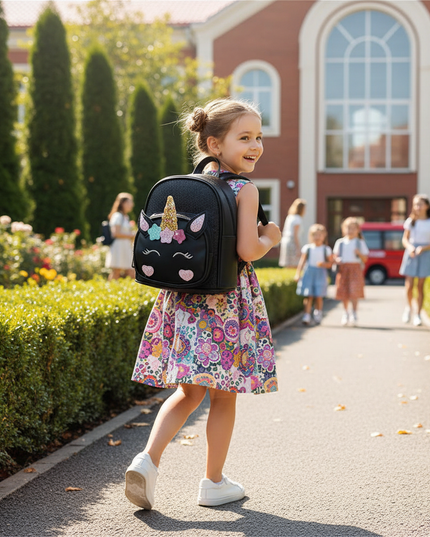 black unicorn kindergarten backpack - in-use