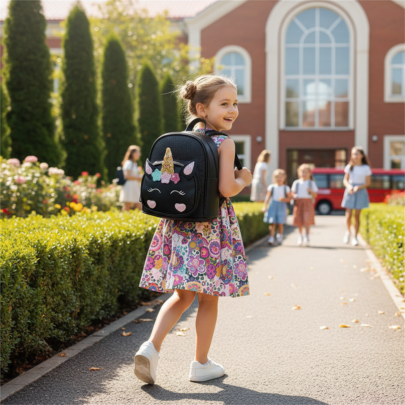 black unicorn kindergarten backpack - in-use