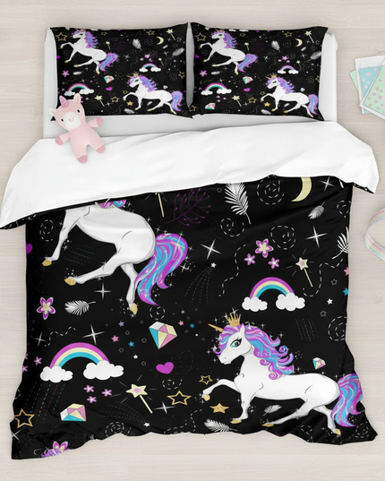 black unicorn pattern bedding - flat-lay
