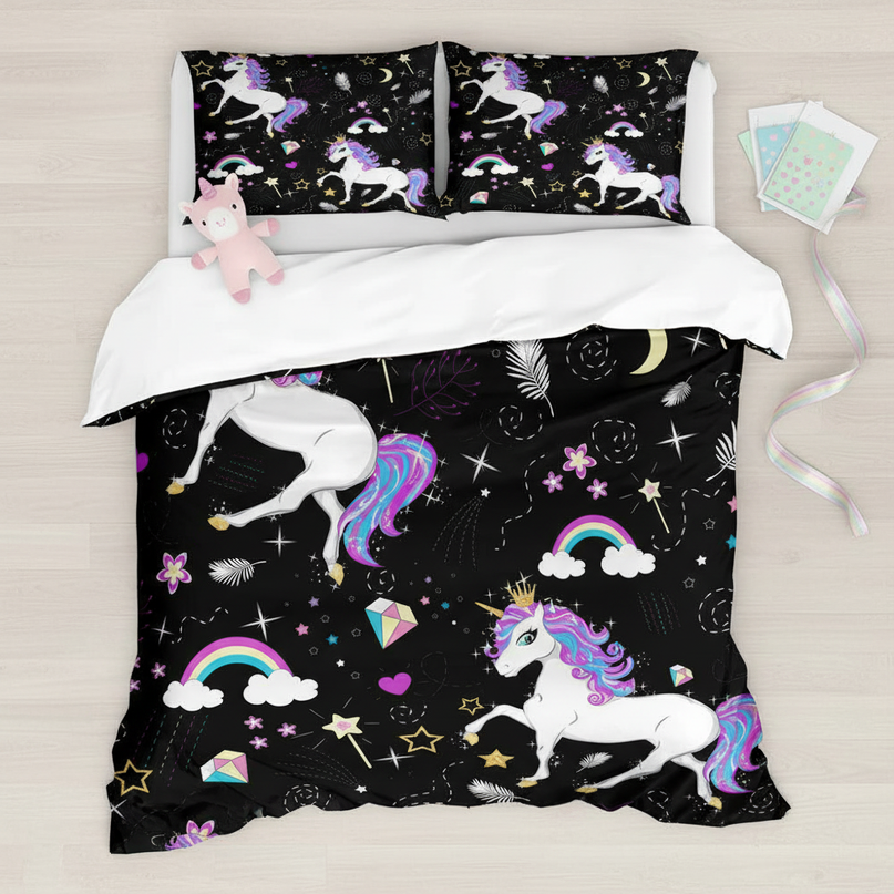 black unicorn pattern bedding - flat-lay