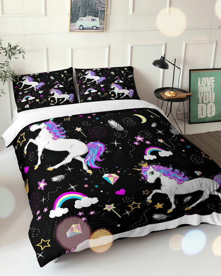 black unicorn pattern bedding - lifestyle
