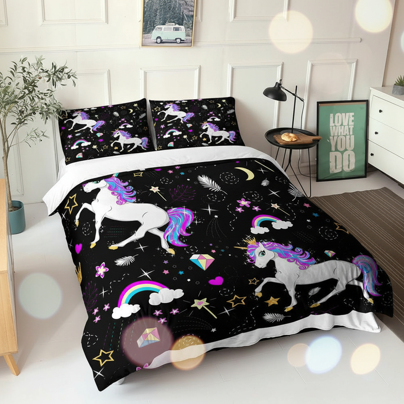 black unicorn pattern bedding - lifestyle