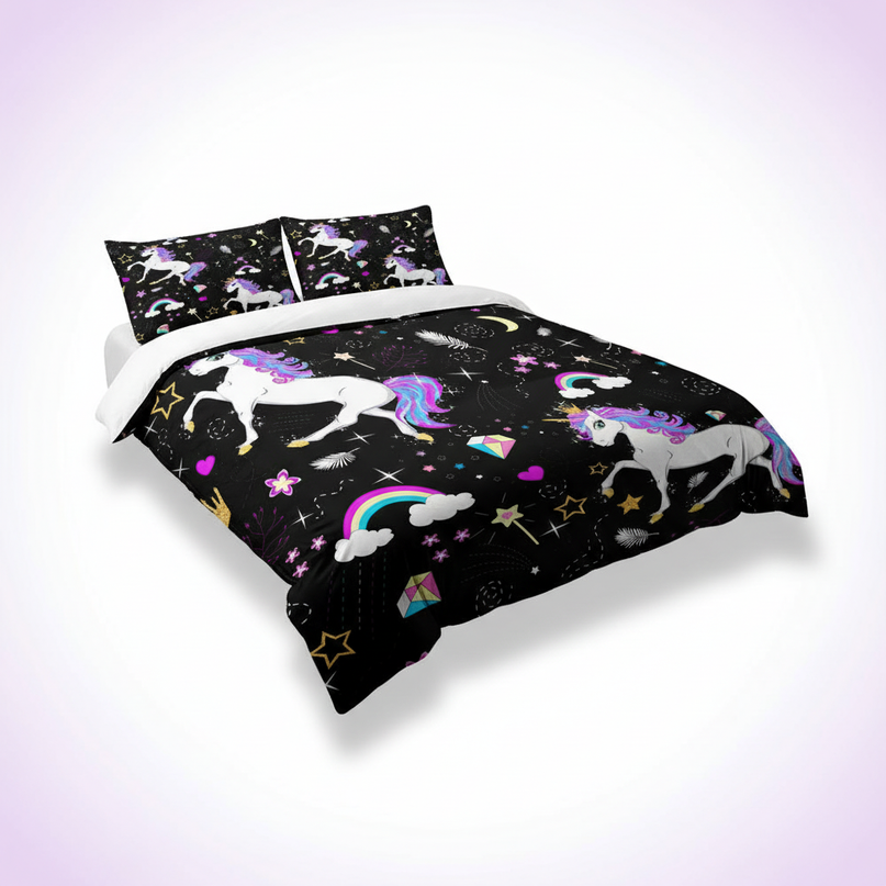 black unicorn pattern bedding - white-bg