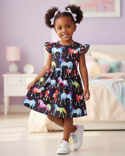 black unicorn rainbow print dress - front