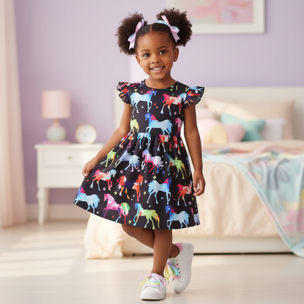 black unicorn rainbow print dress - front