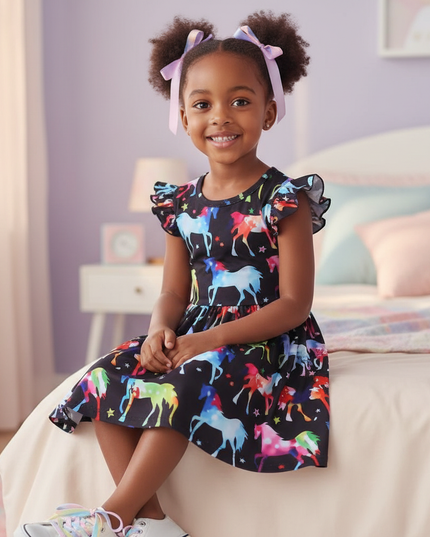 black unicorn rainbow print dress - sitting