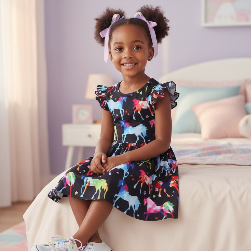 black unicorn rainbow print dress - sitting
