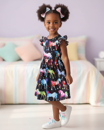 black unicorn rainbow print dress - three-quarter