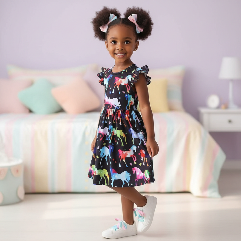 black unicorn rainbow print dress - three-quarter