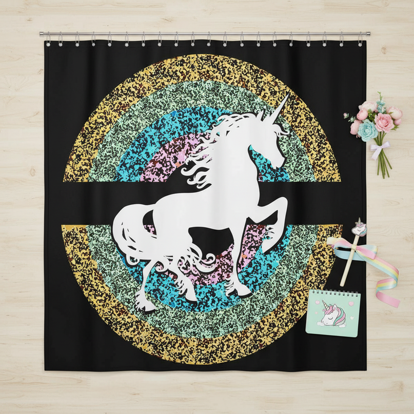 black unicorn shower curtain - flat-lay