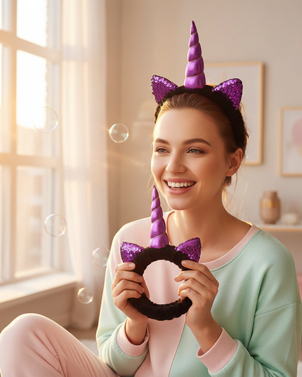 black unicorn spa headband - in-use