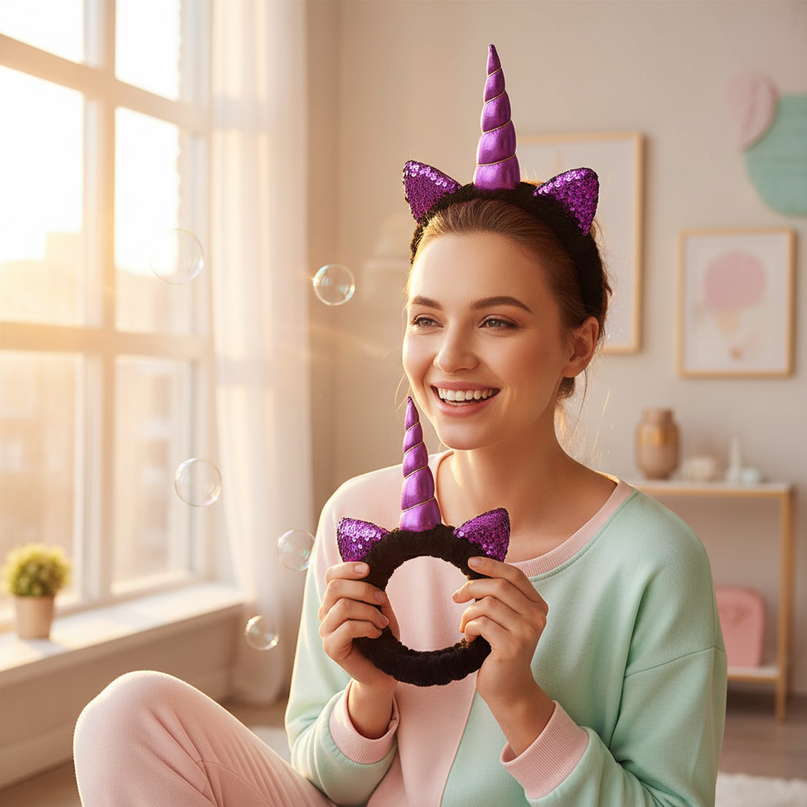 black unicorn spa headband - in-use