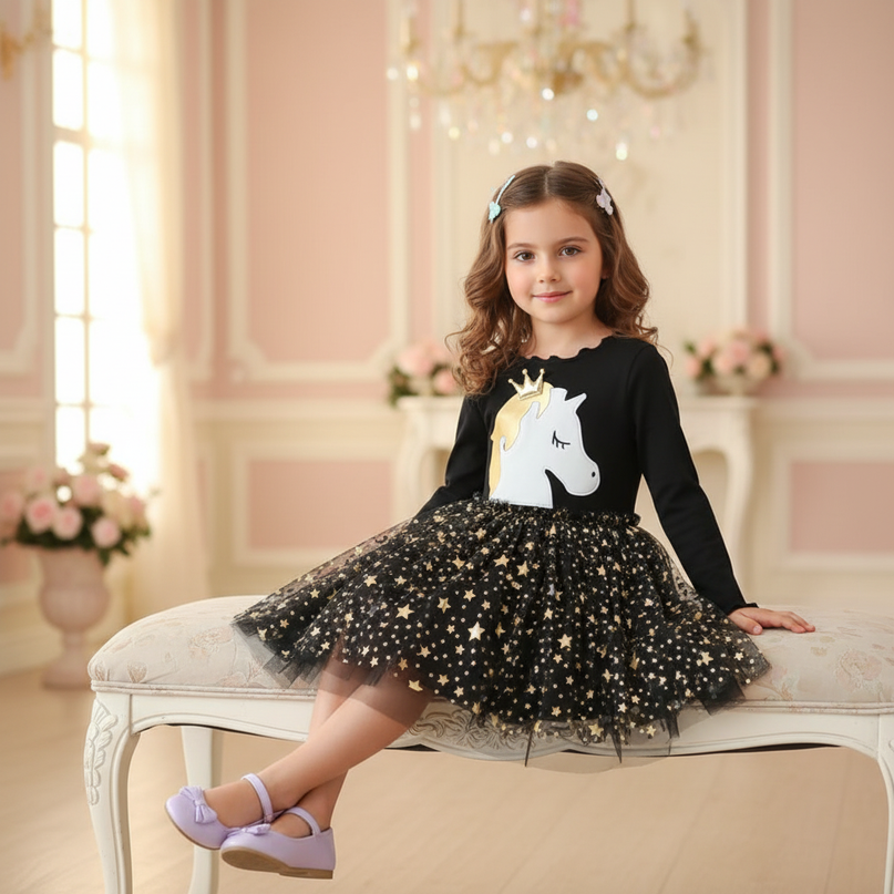 black unicorn star dress - sitting