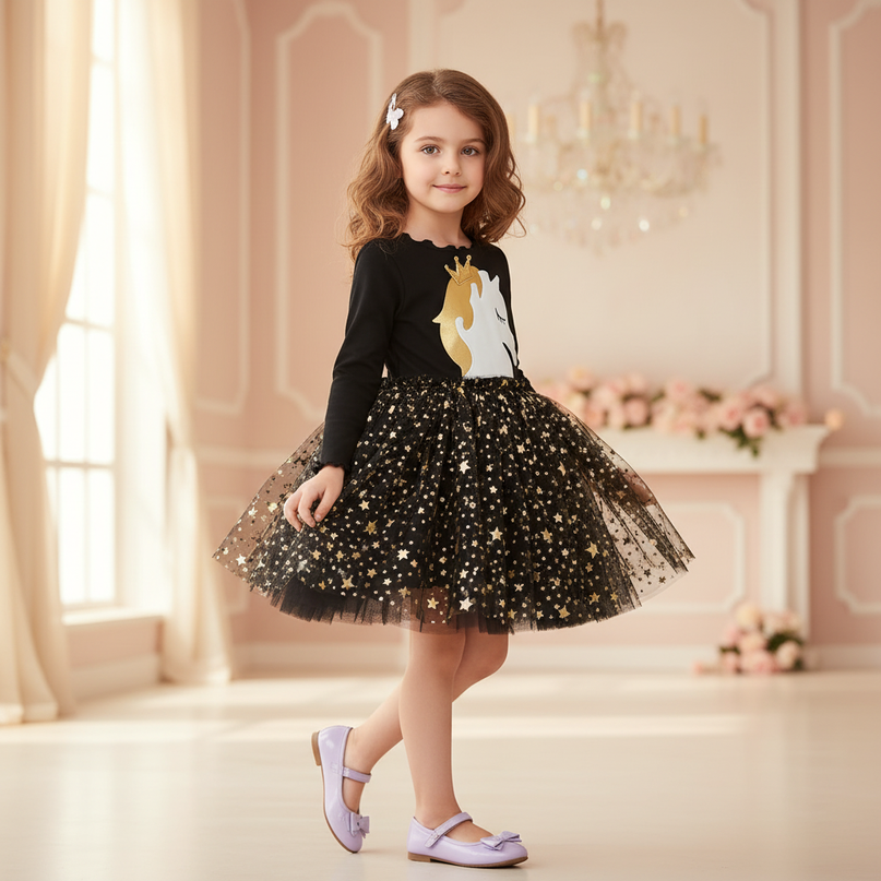 black unicorn star dress - three-quarter