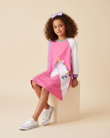 black unicorn star patchwork dress - sitting
