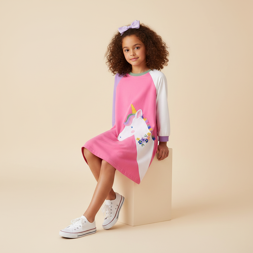 black unicorn star patchwork dress - sitting