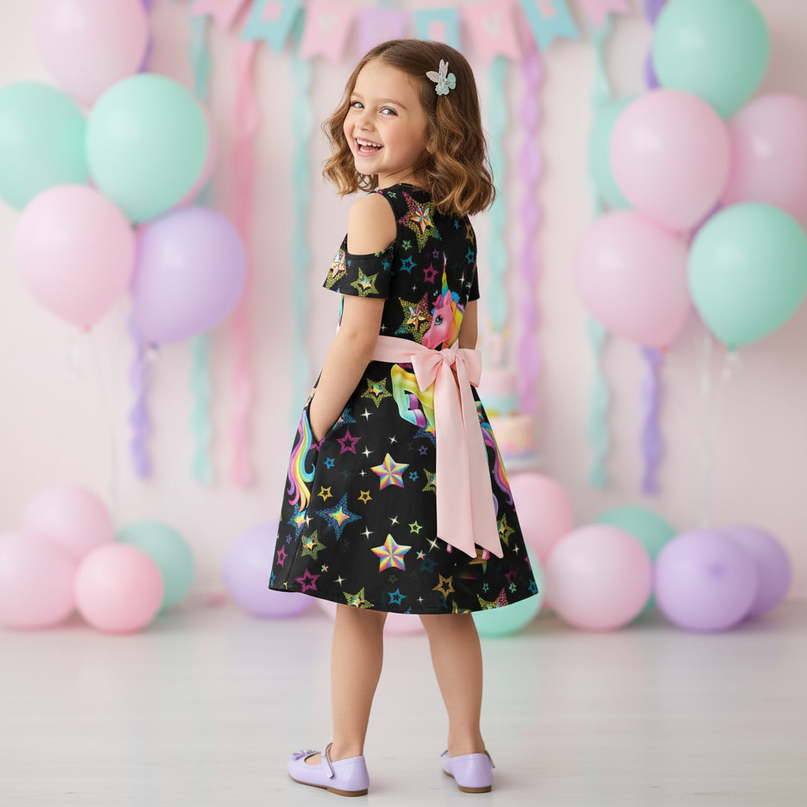 black unicorn stars print dress - back