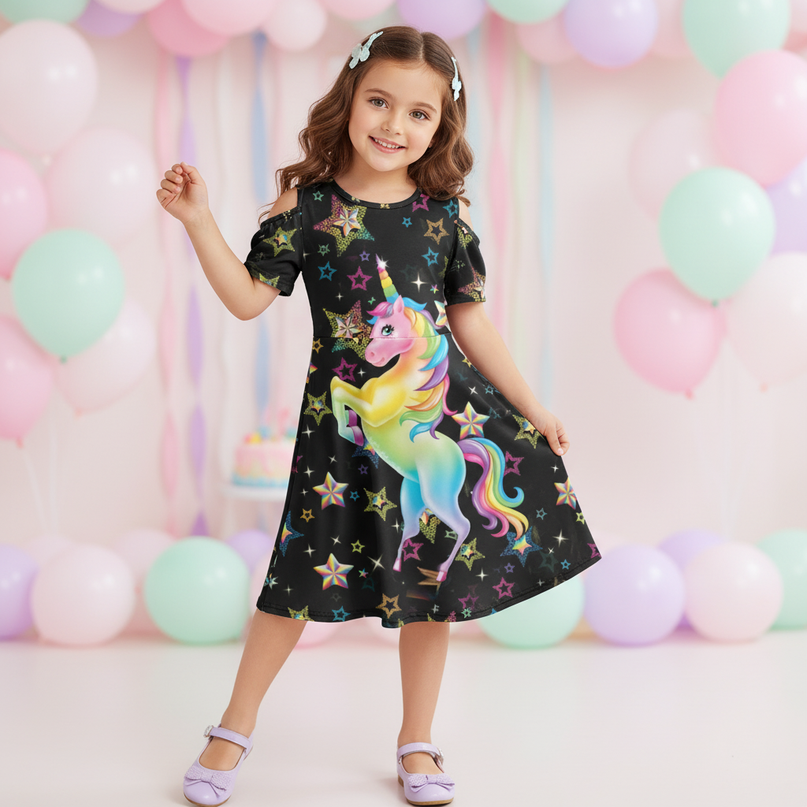 black unicorn stars print dress - front
