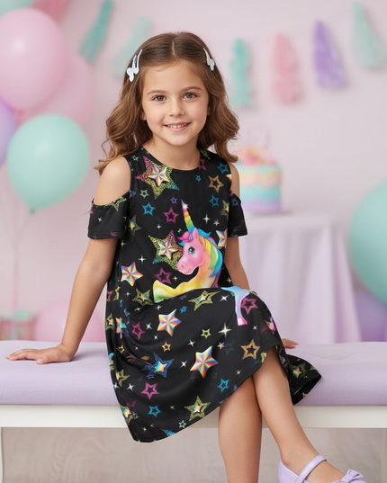 black unicorn stars print dress - sitting