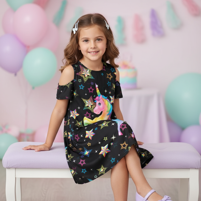 black unicorn stars print dress - sitting