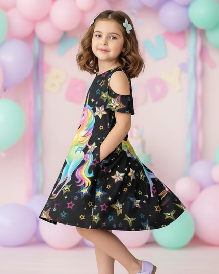 black unicorn stars print dress - three-quarter