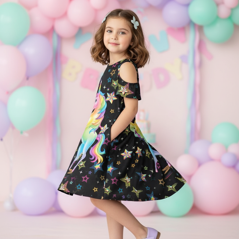 black unicorn stars print dress - three-quarter