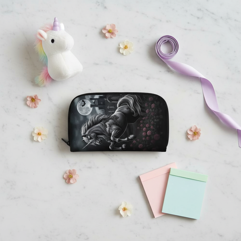 black unicorn wallet - flat-lay