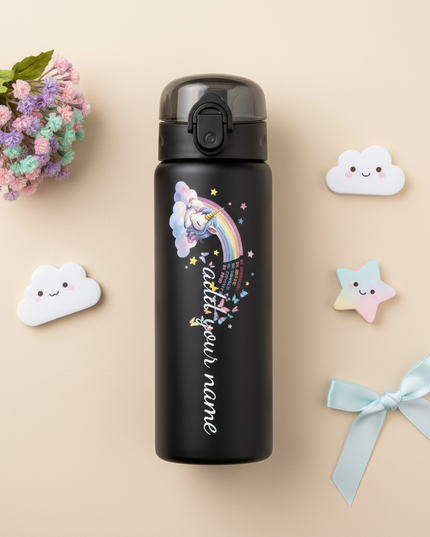 black unicorn water bottle - flat-lay