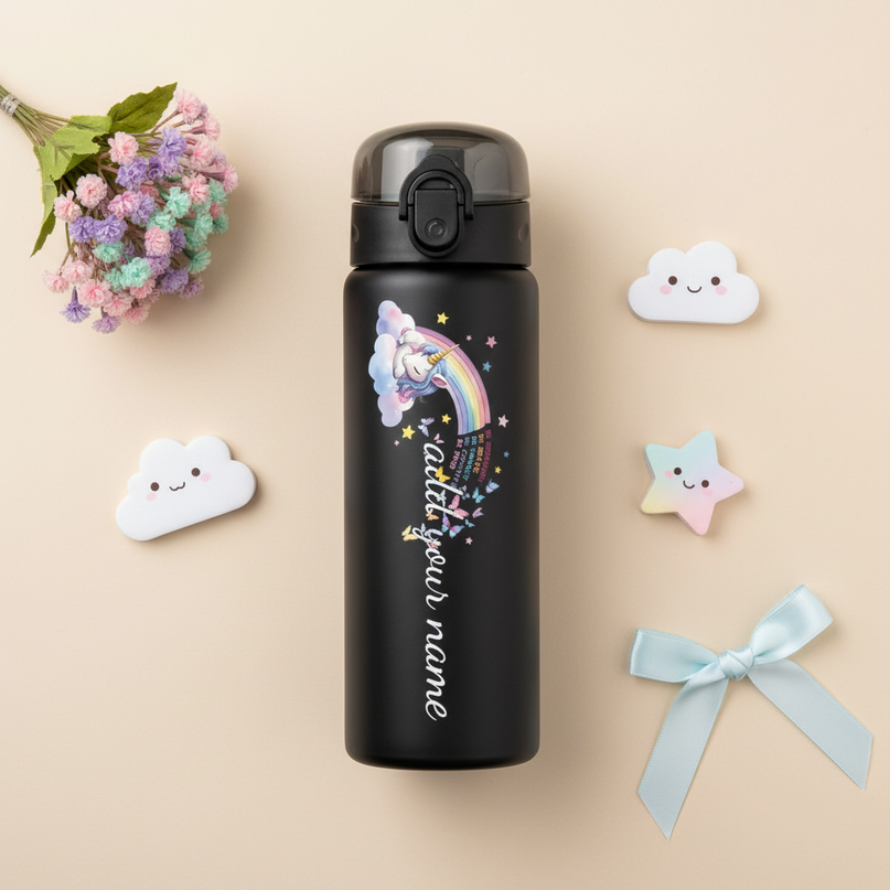 black unicorn water bottle - flat-lay