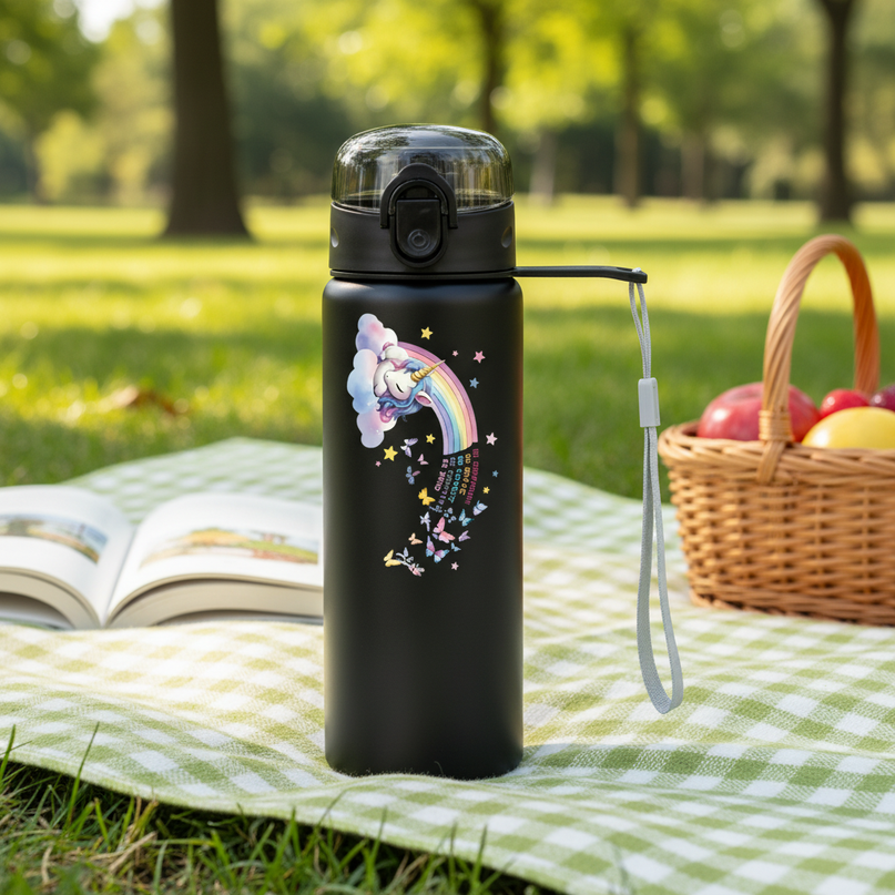 black unicorn water bottle - lifestyle