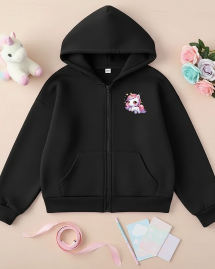 black unicorn zip hoodie - flat-lay
