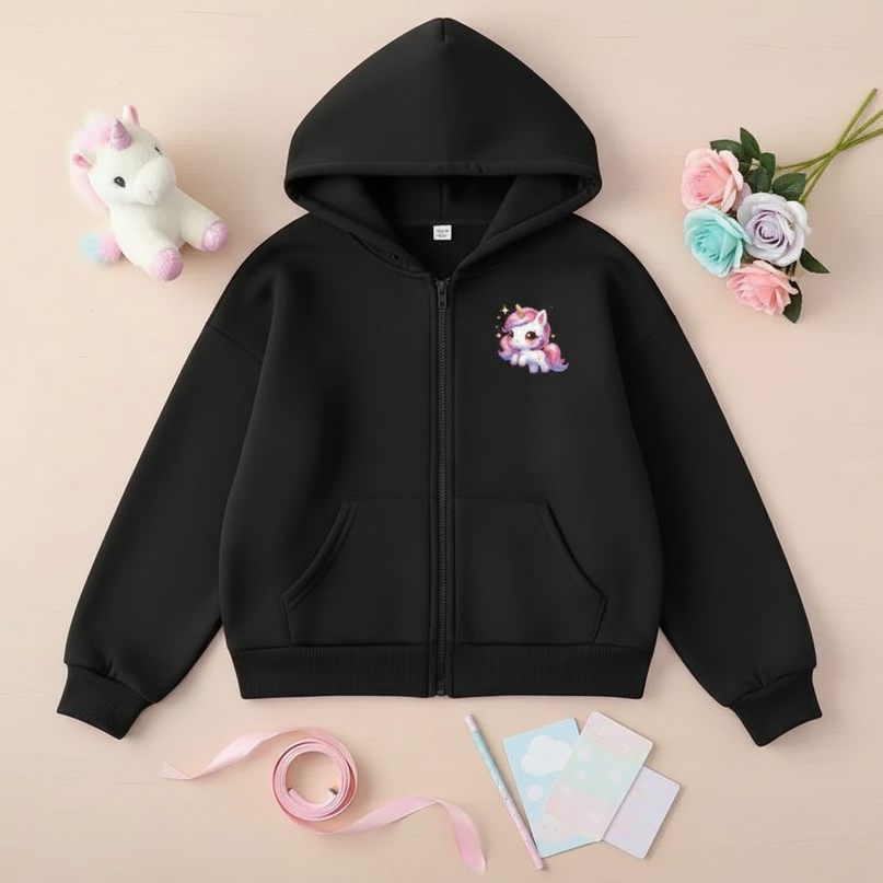 black unicorn zip hoodie - flat-lay
