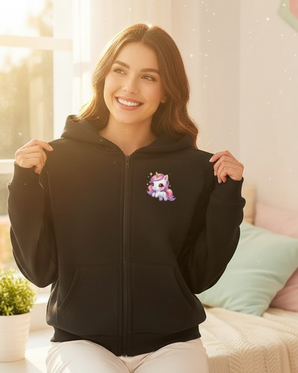 black unicorn zip hoodie - in-use