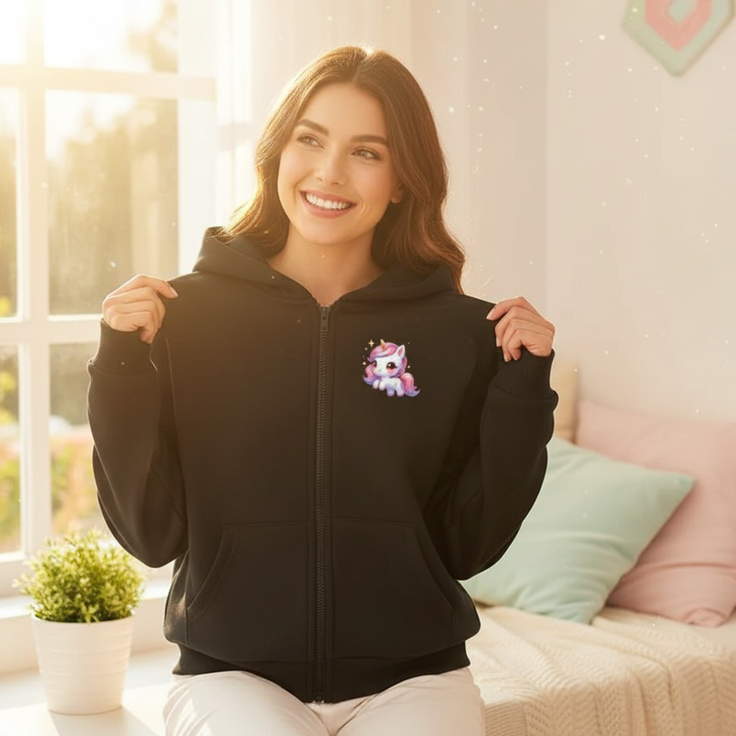black unicorn zip hoodie - in-use