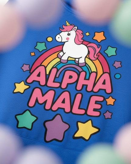blue alpha male unicorn hoodie - detail