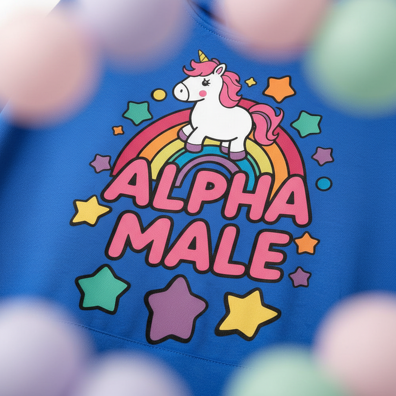 blue alpha male unicorn hoodie - detail