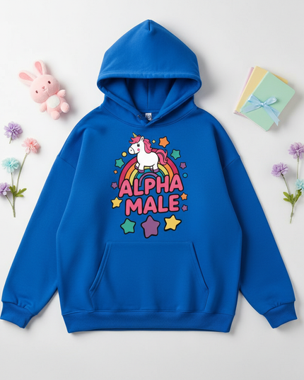 blue alpha male unicorn hoodie - flat-lay