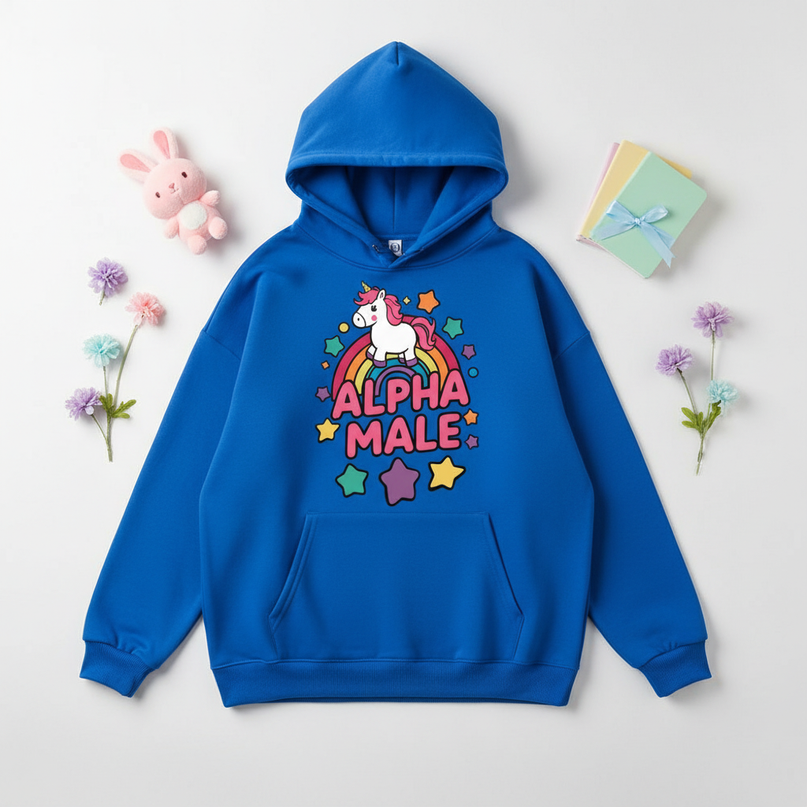 blue alpha male unicorn hoodie - flat-lay