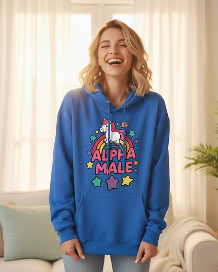 blue alpha male unicorn hoodie - in-use
