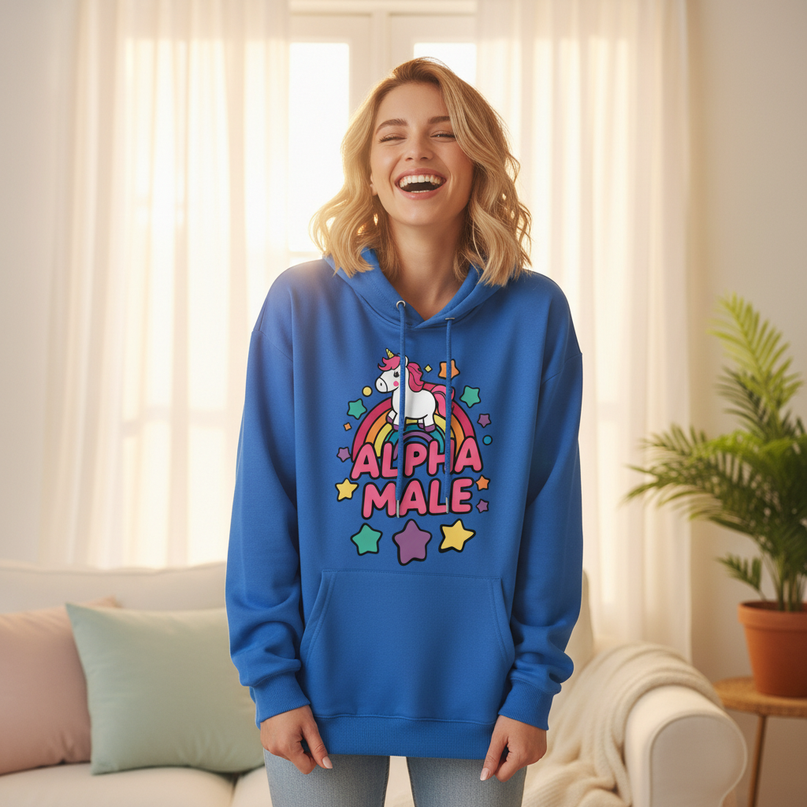 blue alpha male unicorn hoodie - in-use