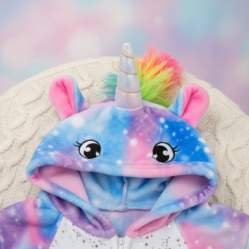 blue and pink unicorn onesie - detail