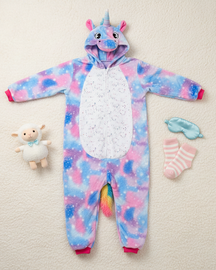 blue and pink unicorn onesie - flat-lay