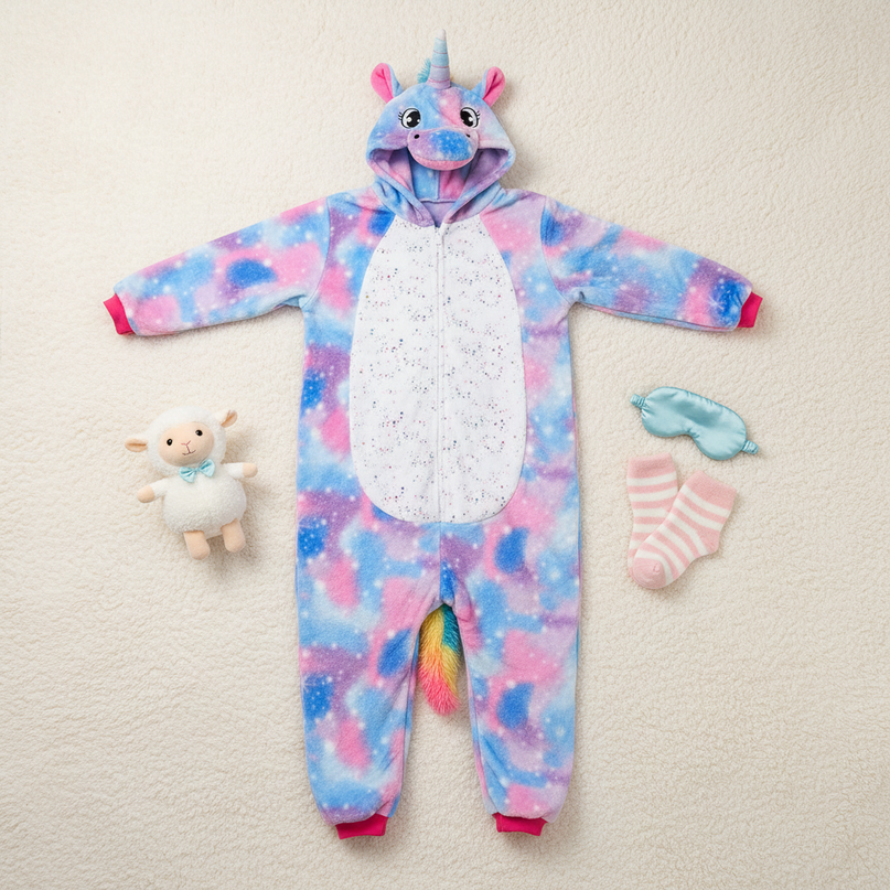 blue and pink unicorn onesie - flat-lay
