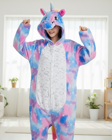 blue and pink unicorn onesie - in-use