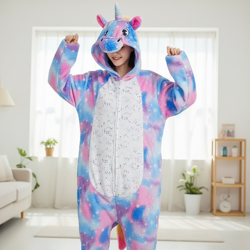 blue and pink unicorn onesie - in-use
