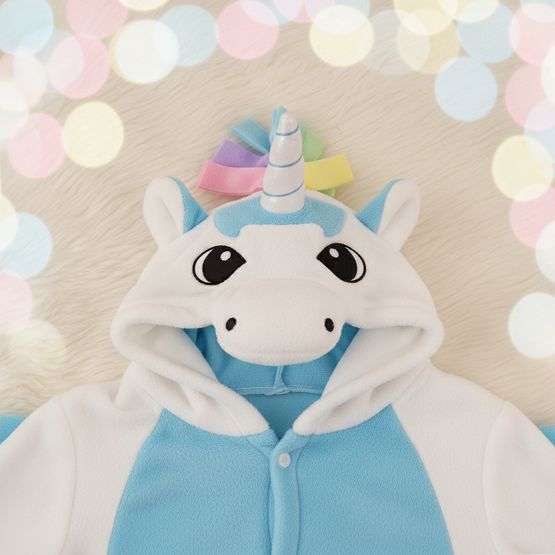 blue and white unicorn onesie - detail