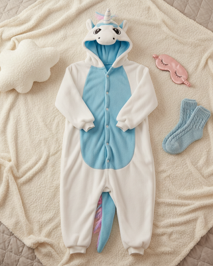 blue and white unicorn onesie - flat-lay