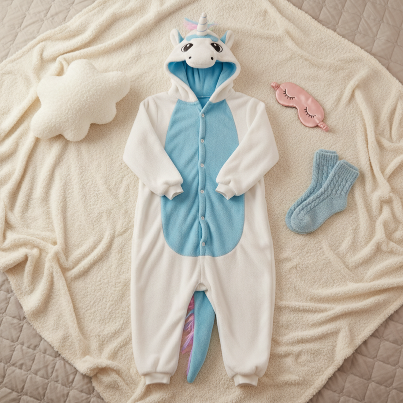 blue and white unicorn onesie - flat-lay